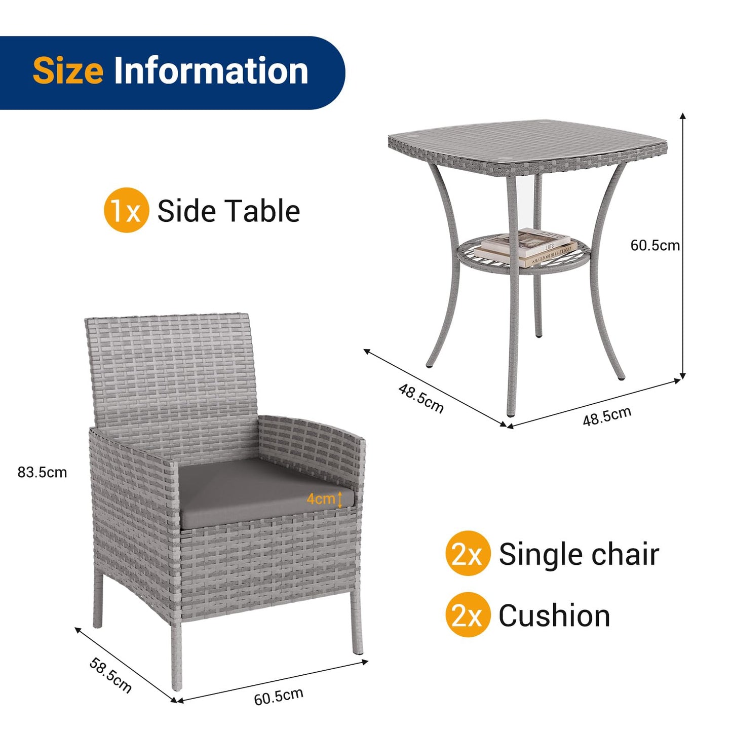 UDPATIO Balkonmöbel Set 3-teilig, wetterfest, Polyrattan, 2 Personen, Grau
