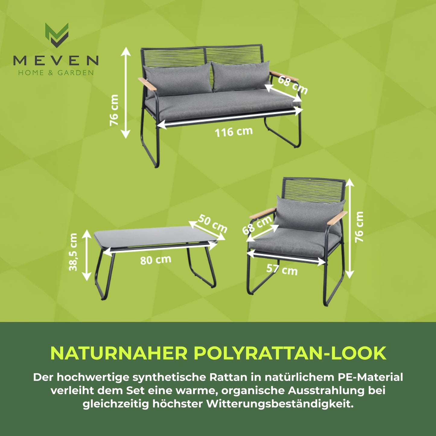 MEVEN Cuba Gartenmöbel-Set, Rattan, Balkon & Terrasse, 4-tlg., modern