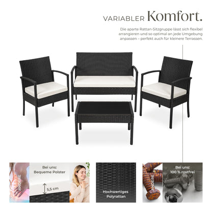 tectake Rattan Gartenlounge 4-tlg., 2 Sessel, Bank & Tisch, Outdoor schwarz