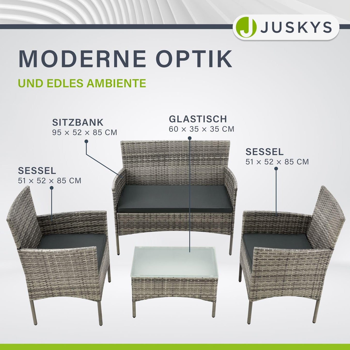 Juskys Fort Myers 4-Pers. Polyrattan Lounge-Set mit Tisch & Kissen, Grau