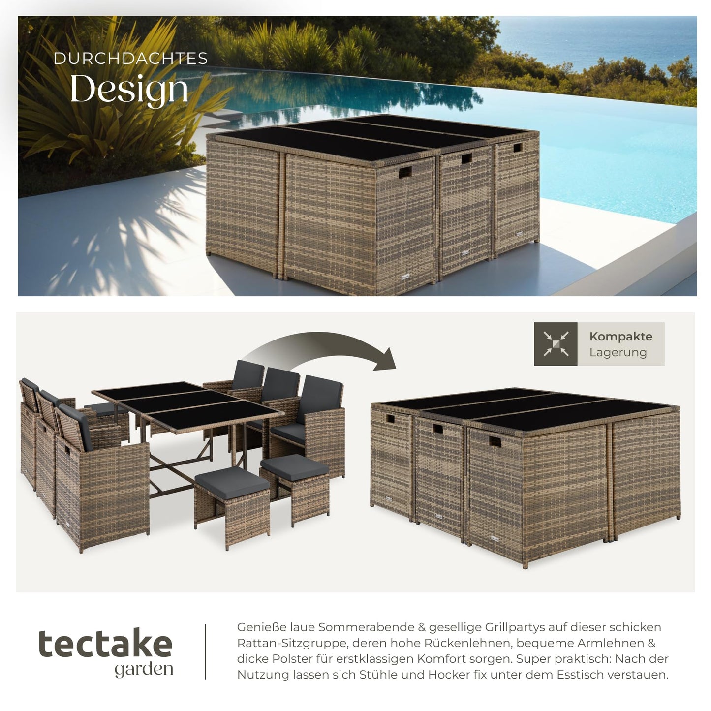 tectake® Balkonmöbel Set, Poly-Rattan Lounge mit 6 Stühlen & 4 Hockern, Natur