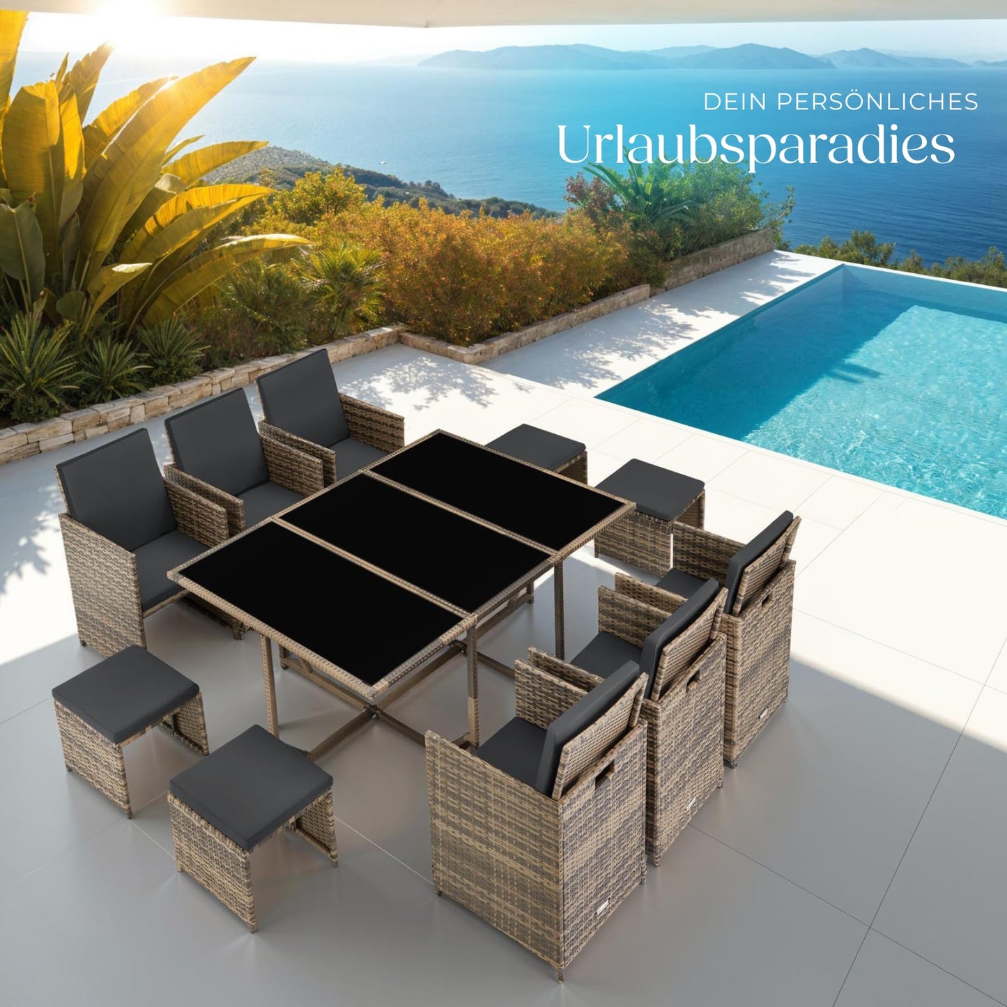 tectake® Balkonmöbel Set, Poly-Rattan Lounge mit 6 Stühlen & 4 Hockern, Natur