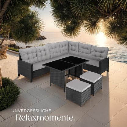 tectake 5-tlg. Polyrattan Lounge Set mit Kissen, Balkon & Garten, Schwarz