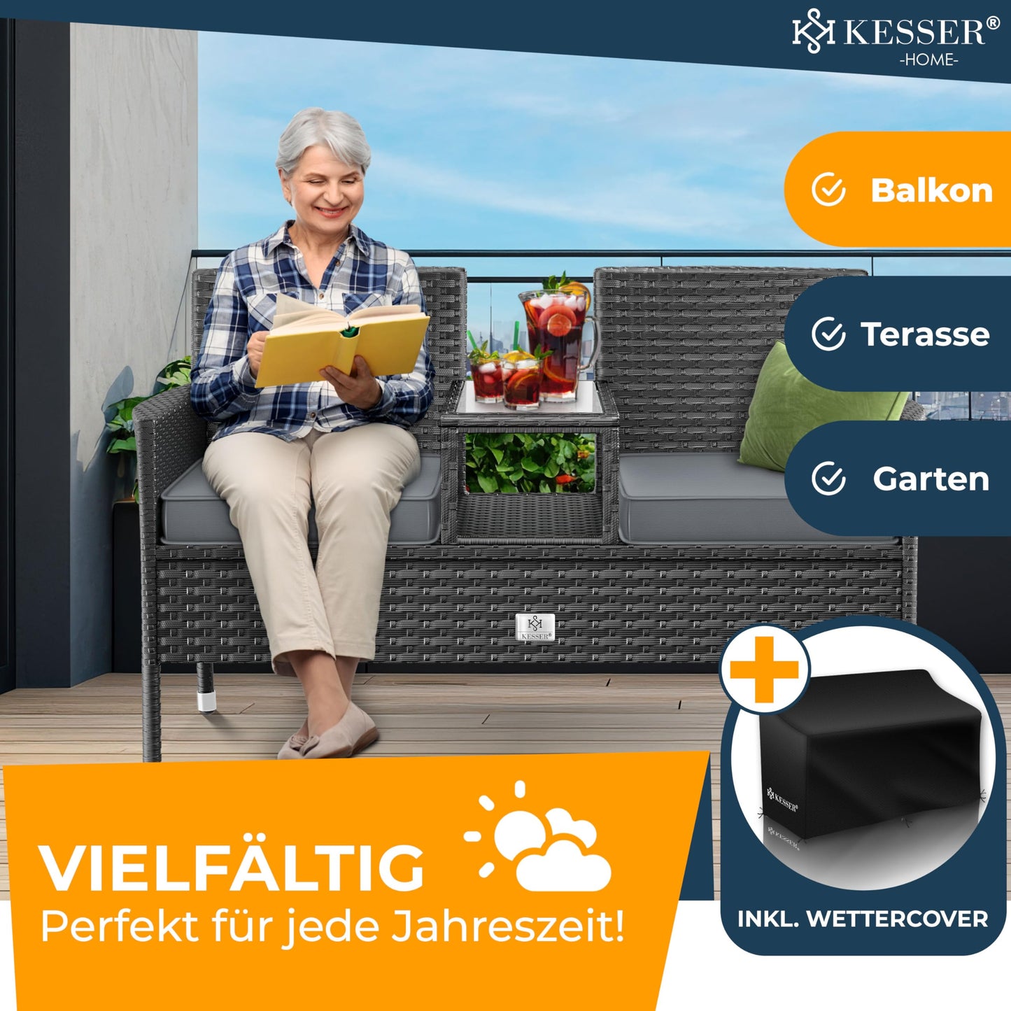 KESSER® Polyrattan Gartensofa 2-Sitzer mit Tisch, wetterfest, Anthrazit