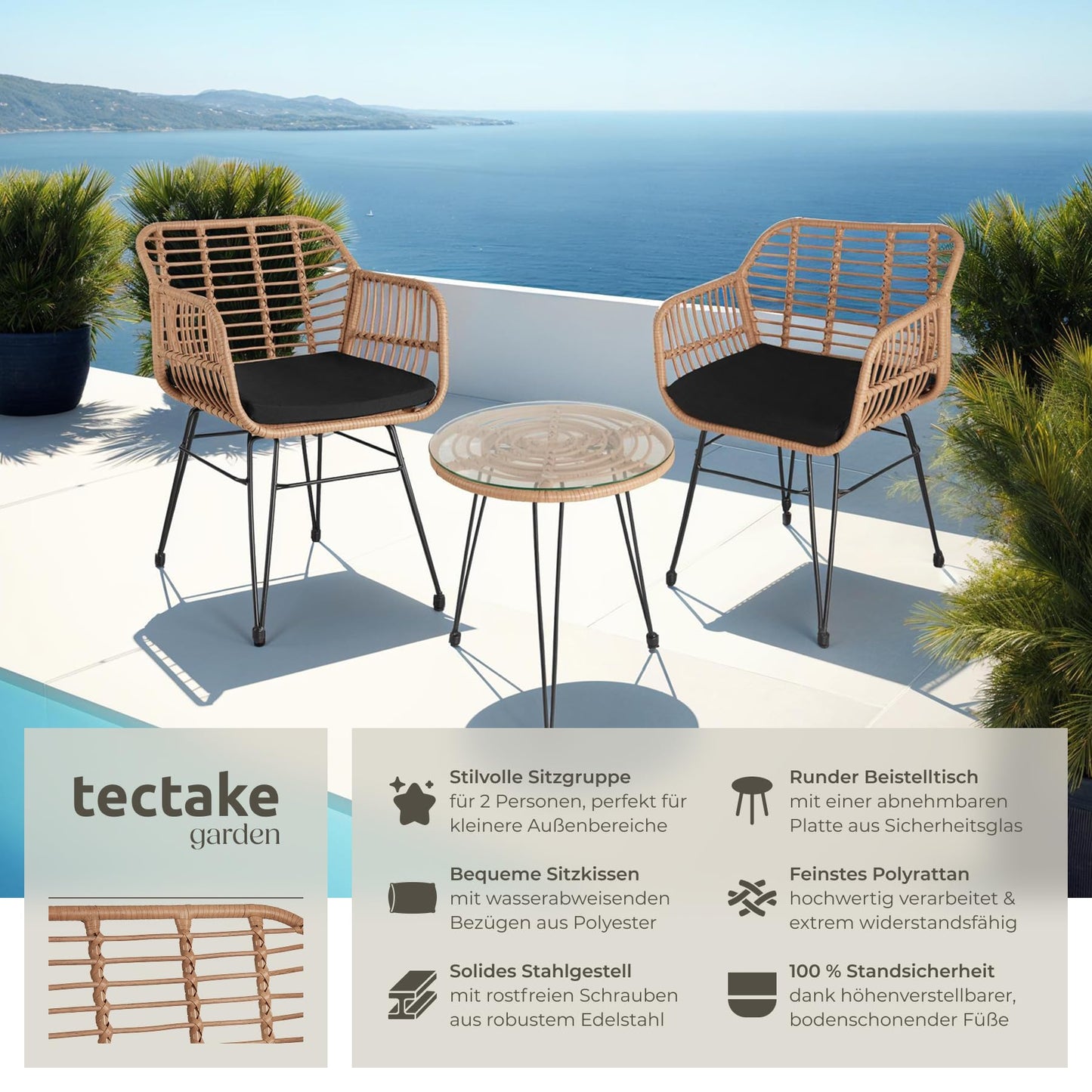 tectake 2-Personen Bistro-Set 3-tlg., Rattan, Garten/Balkon, Natur