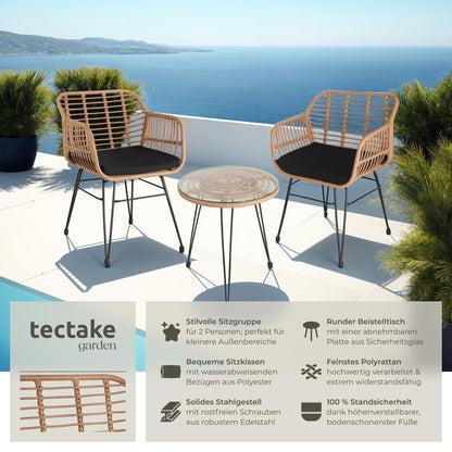 tectake 2-Personen Bistro-Set 3-tlg., Rattan, Garten/Balkon, Natur