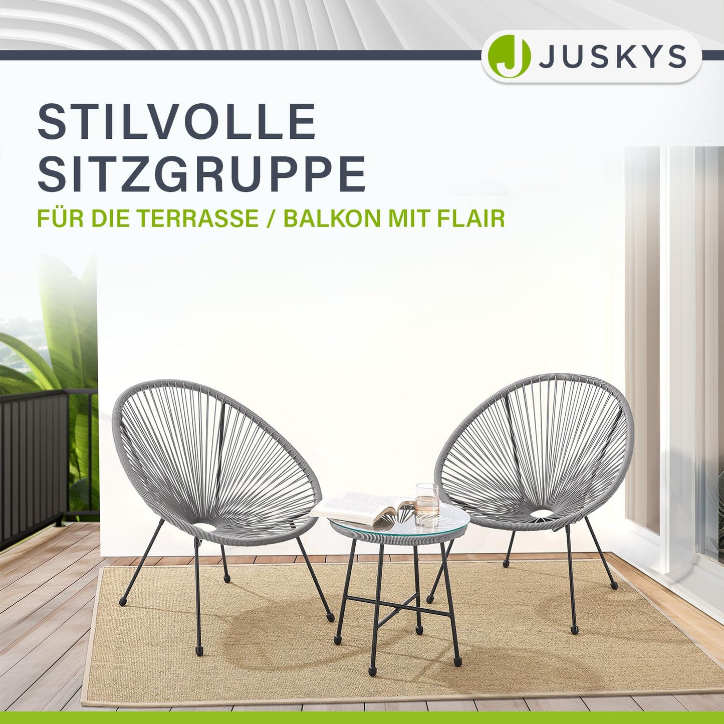 Juskys Ostana Balkonset 3-teilig – Tisch + 2 Sessel, Hellgrau