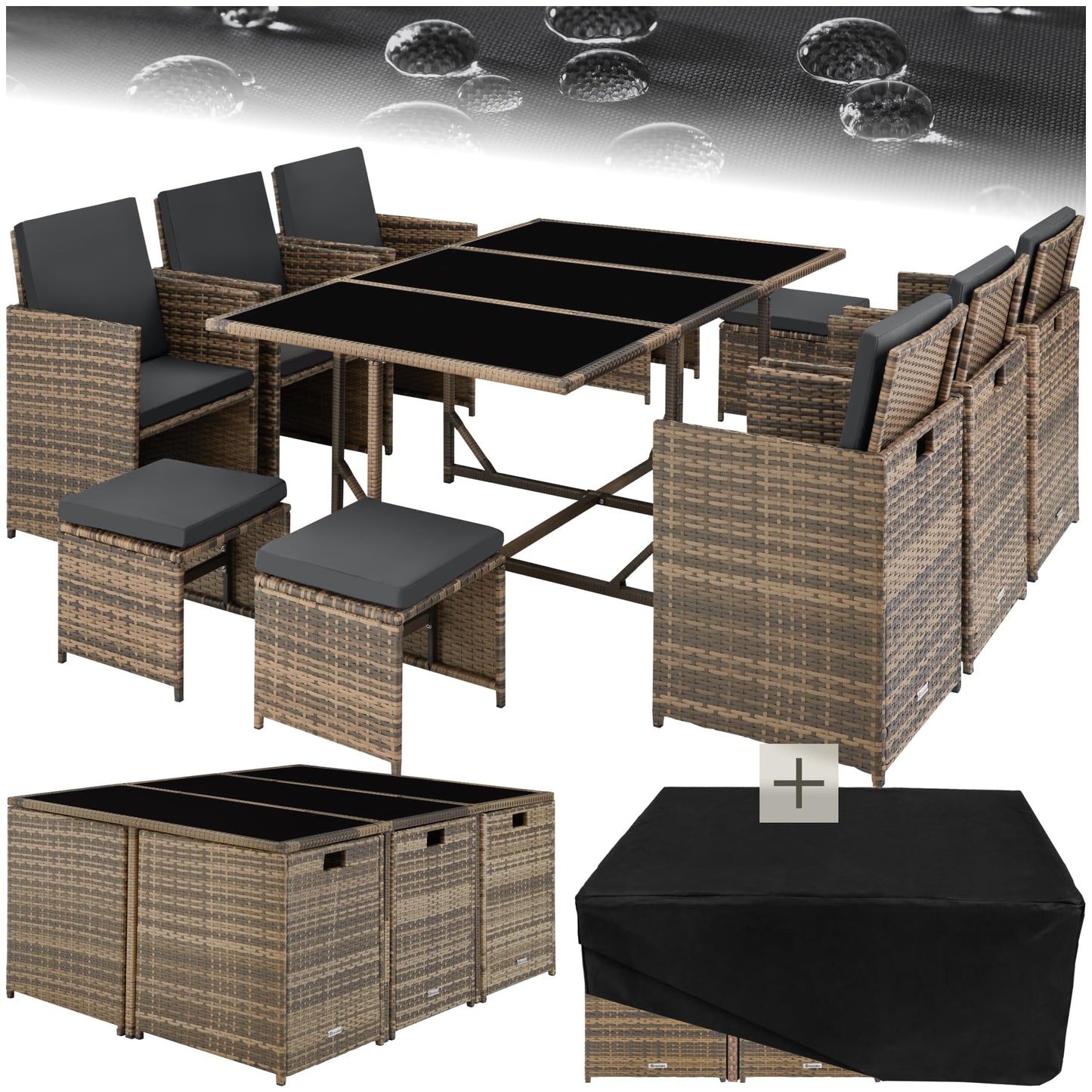 tectake® Balkonmöbel Set, Poly-Rattan Lounge mit 6 Stühlen & 4 Hockern, Natur