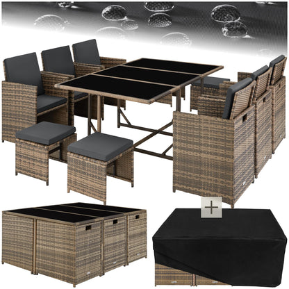 tectake® Balkonmöbel Set, Poly-Rattan Lounge mit 6 Stühlen & 4 Hockern, Natur