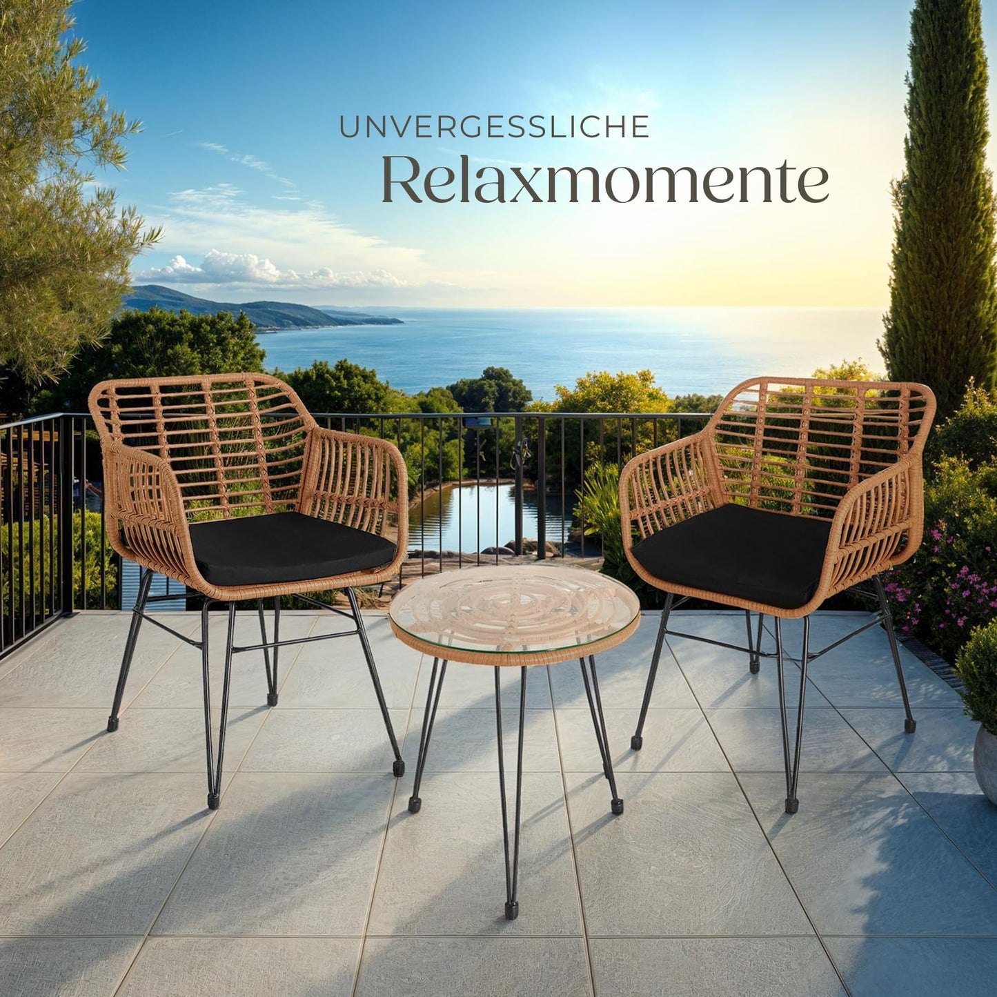tectake 2-Personen Bistro-Set 3-tlg., Rattan, Garten/Balkon, Natur