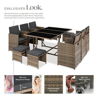 tectake® Balkonmöbel Set, Poly-Rattan Lounge mit 6 Stühlen & 4 Hockern, Natur