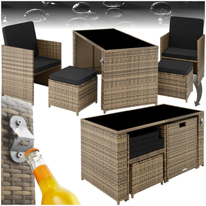 Polyrattan Gartenset tectake, 5-teilig, Lounge Sofa, Sessel, Hocker, Natur