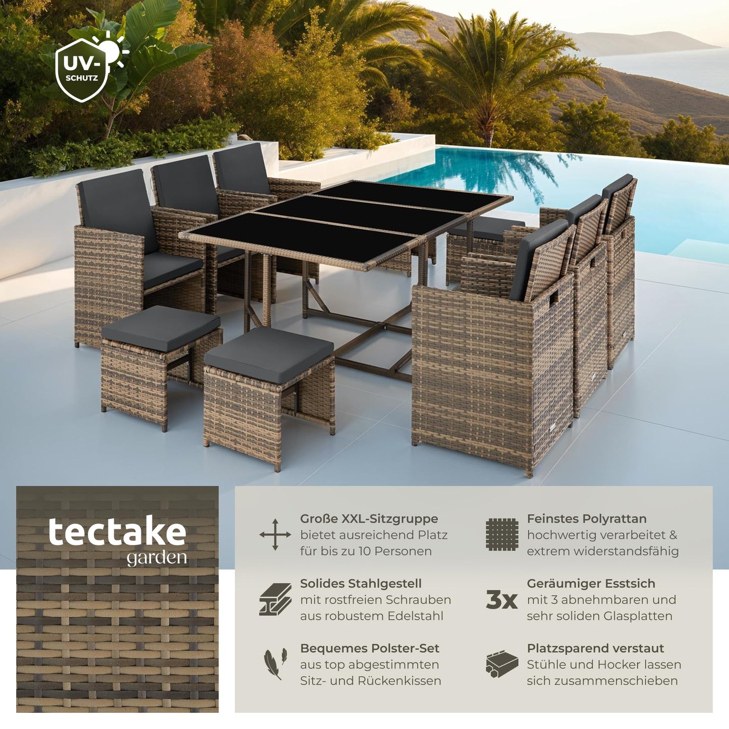 tectake® Balkonmöbel Set, Poly-Rattan Lounge mit 6 Stühlen & 4 Hockern, Natur
