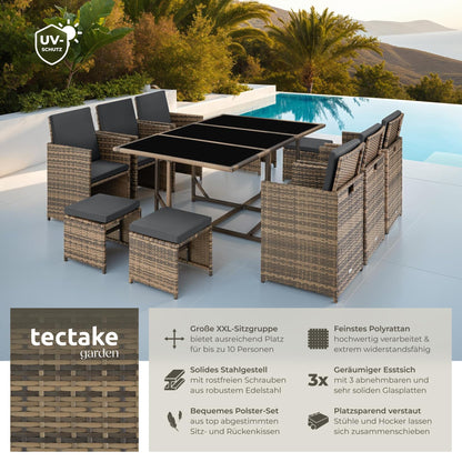 tectake® Balkonmöbel Set, Poly-Rattan Lounge mit 6 Stühlen & 4 Hockern, Natur