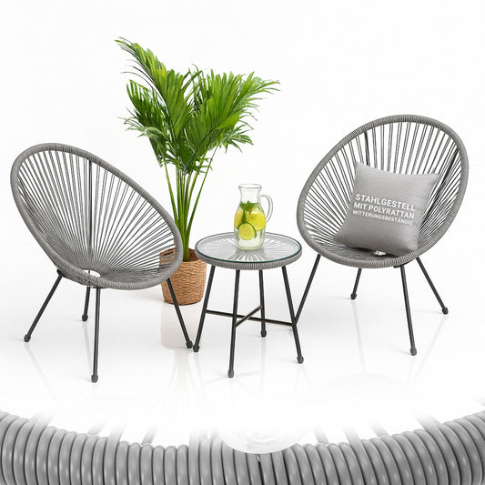 Juskys Ostana Balkonset 3-teilig – Tisch + 2 Sessel, Hellgrau