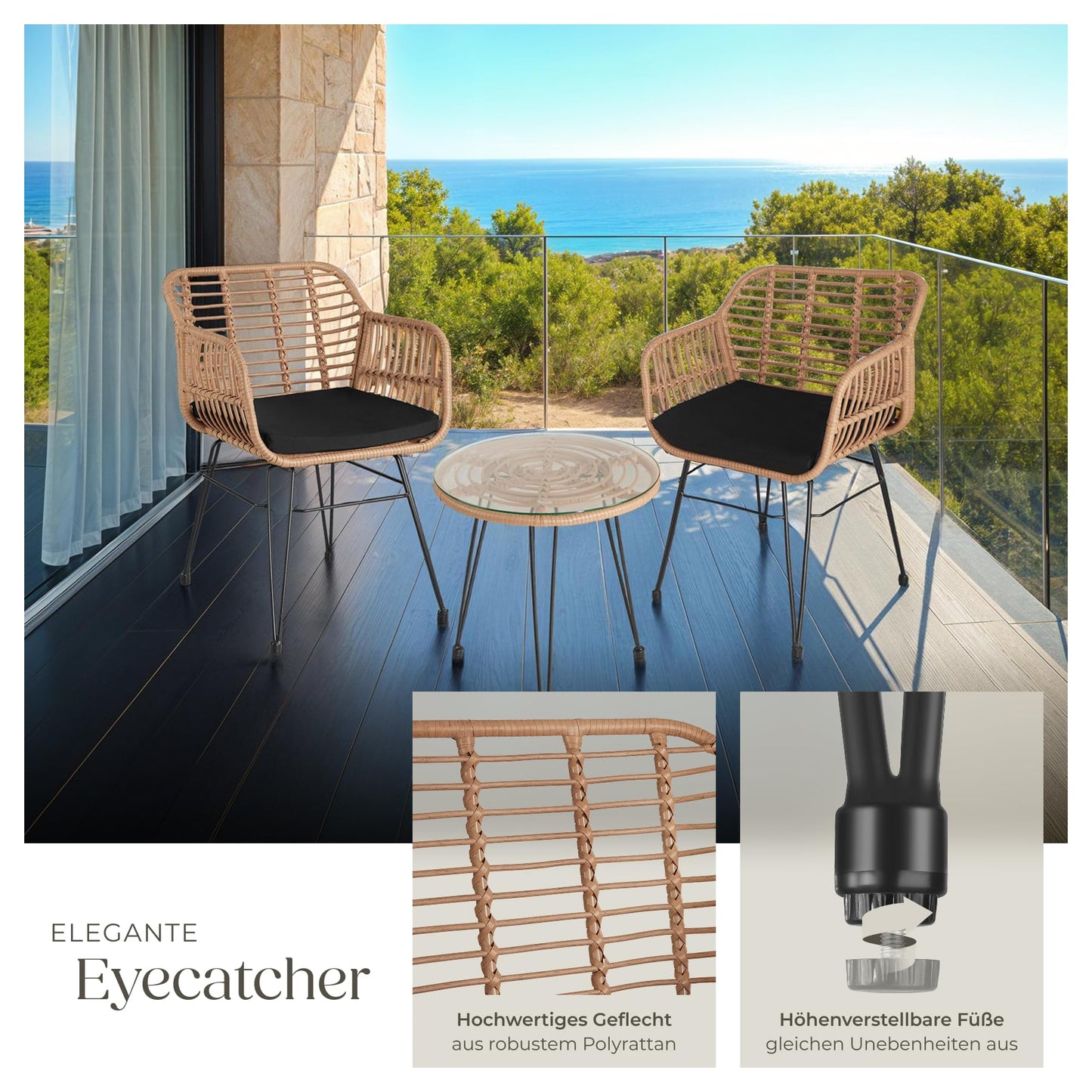 tectake 2-Personen Bistro-Set 3-tlg., Rattan, Garten/Balkon, Natur