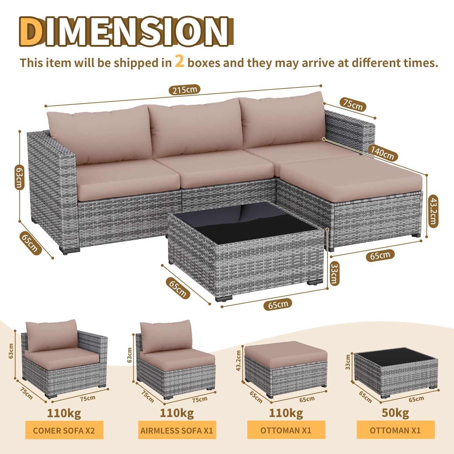 UDPATIO Gartenlounge 4 Pers., 3-Sitzer Sofa + Hocker + Beistelltisch, Khaki