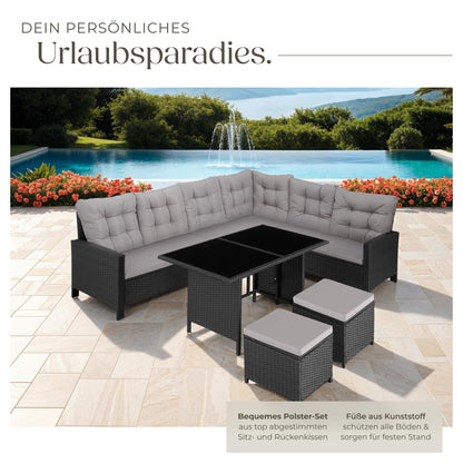 tectake 5-tlg. Polyrattan Lounge Set mit Kissen, Balkon & Garten, Schwarz