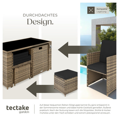 Polyrattan Gartenset tectake, 5-teilig, Lounge Sofa, Sessel, Hocker, Natur