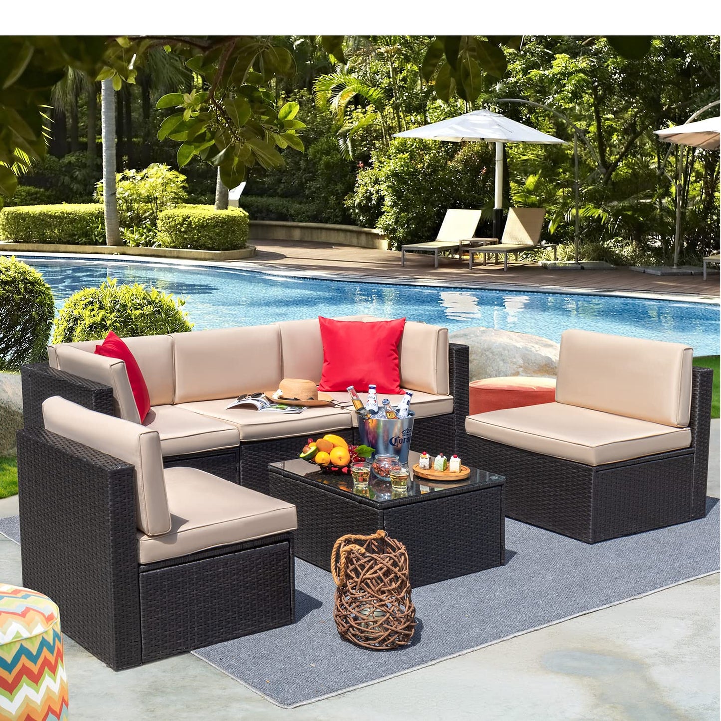 Devoko Outdoor Sofa Set 6-teilig, Rattan Terrasse mit Glastisch & Kissen