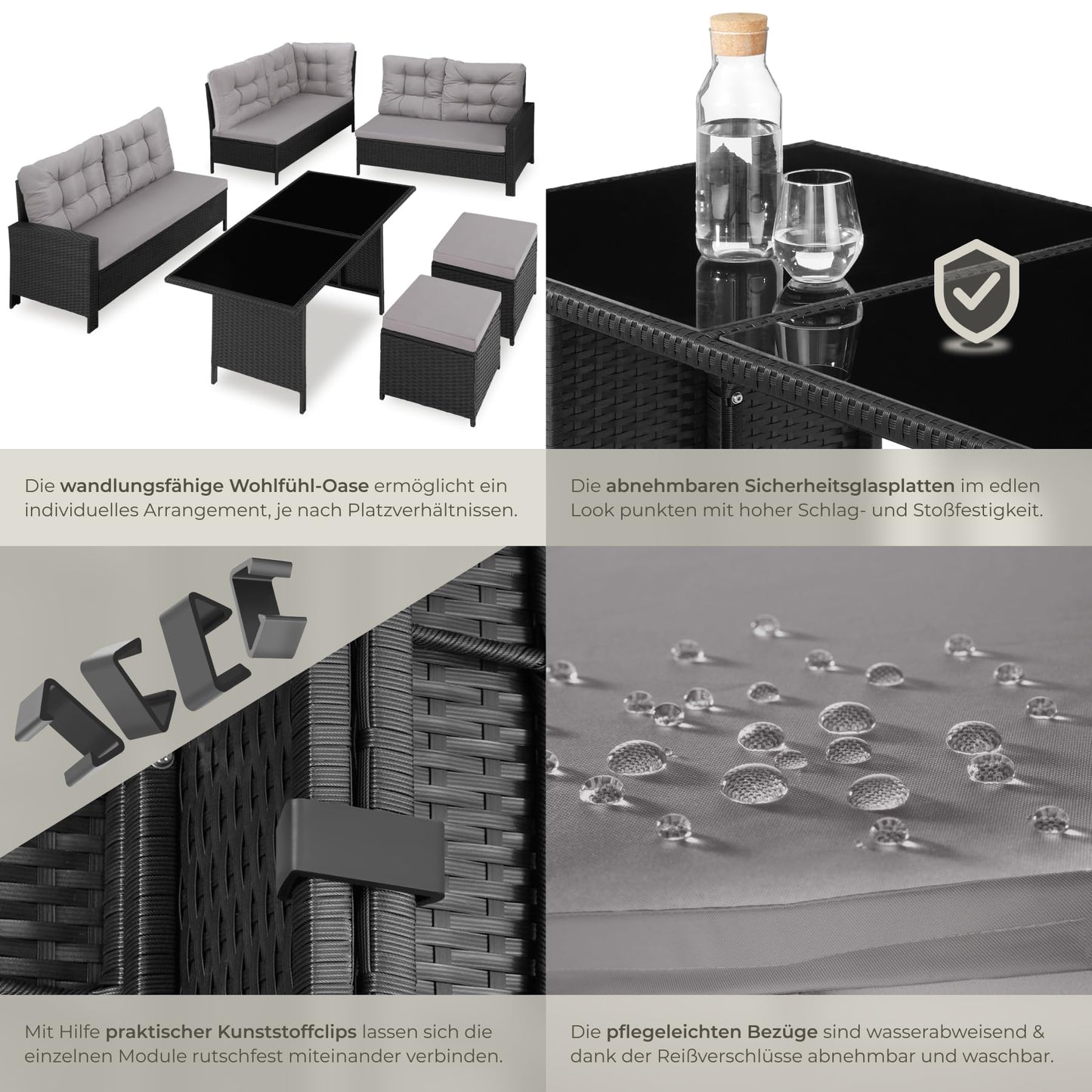 tectake 5-tlg. Polyrattan Lounge Set mit Kissen, Balkon & Garten, Schwarz