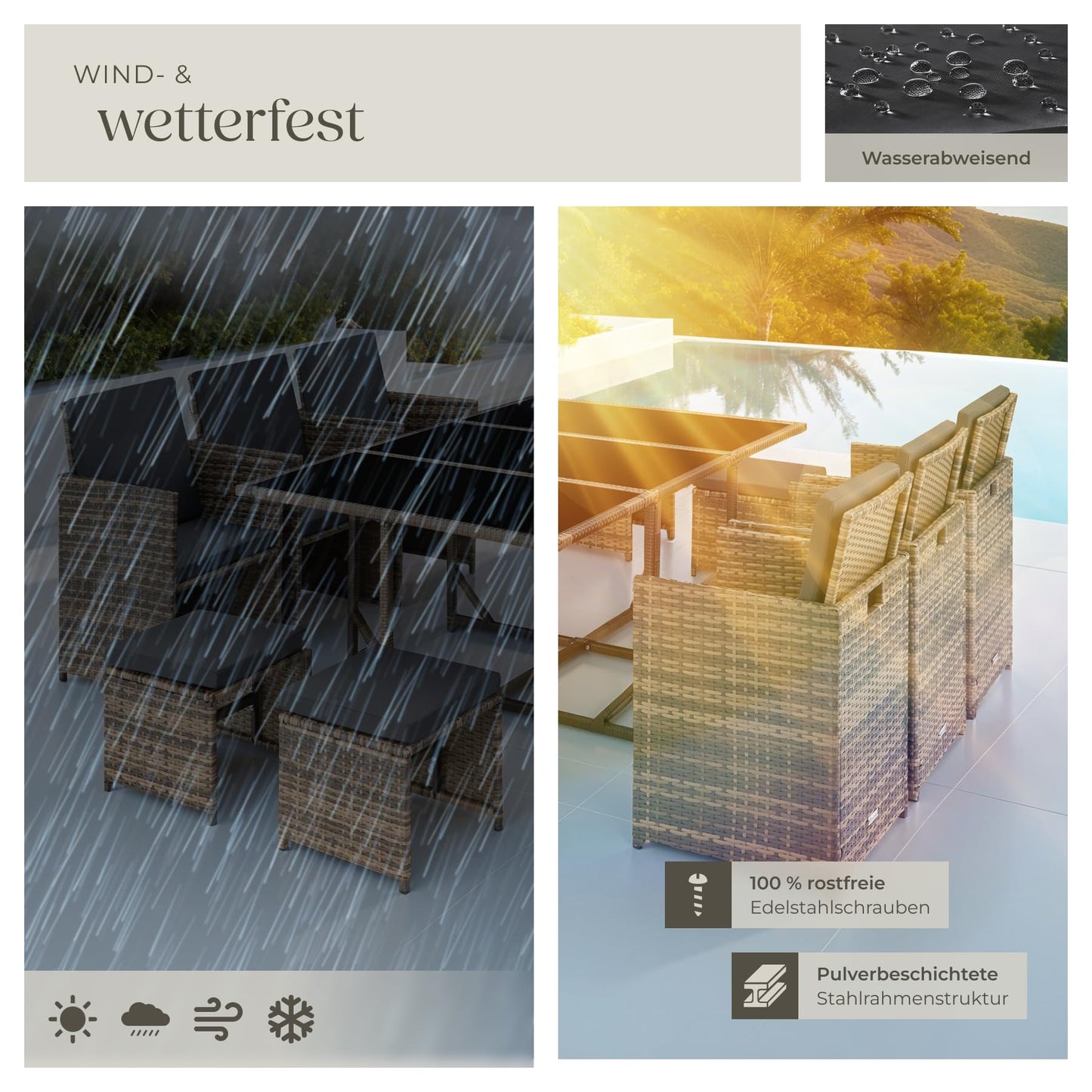 tectake® Balkonmöbel Set, Poly-Rattan Lounge mit 6 Stühlen & 4 Hockern, Natur