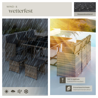 tectake® Balkonmöbel Set, Poly-Rattan Lounge mit 6 Stühlen & 4 Hockern, Natur