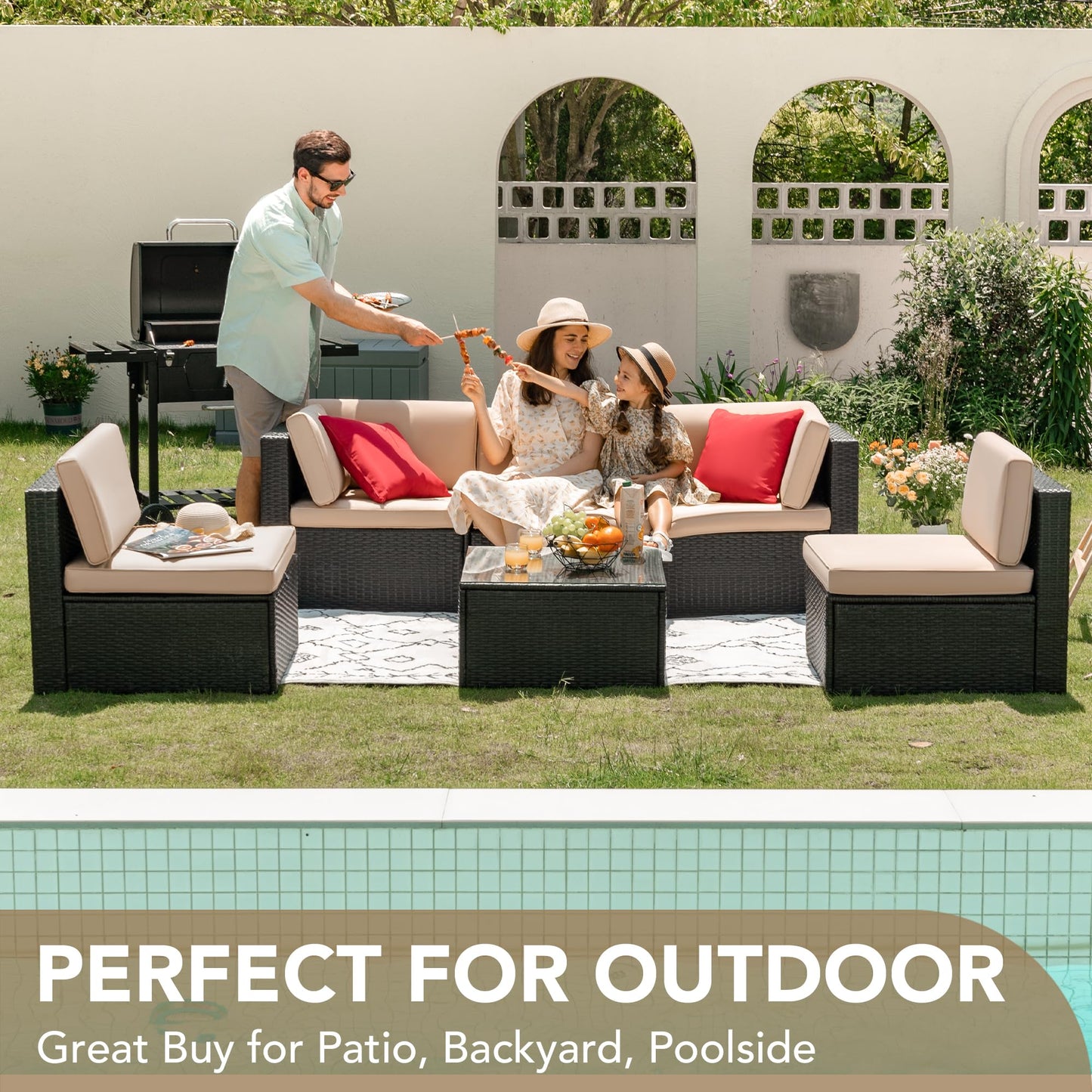 Devoko Outdoor Sofa Set 6-teilig, Rattan Terrasse mit Glastisch & Kissen