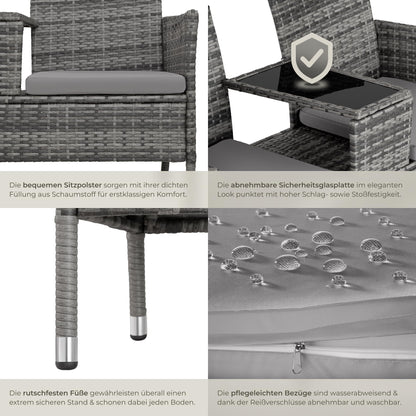 tectake Lounge Sitzbank 2-Sitzer mit integriertem Tisch, Rattan, Grau