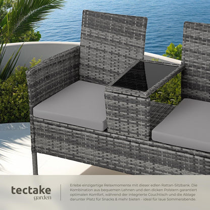 tectake Lounge Sitzbank 2-Sitzer mit integriertem Tisch, Rattan, Grau