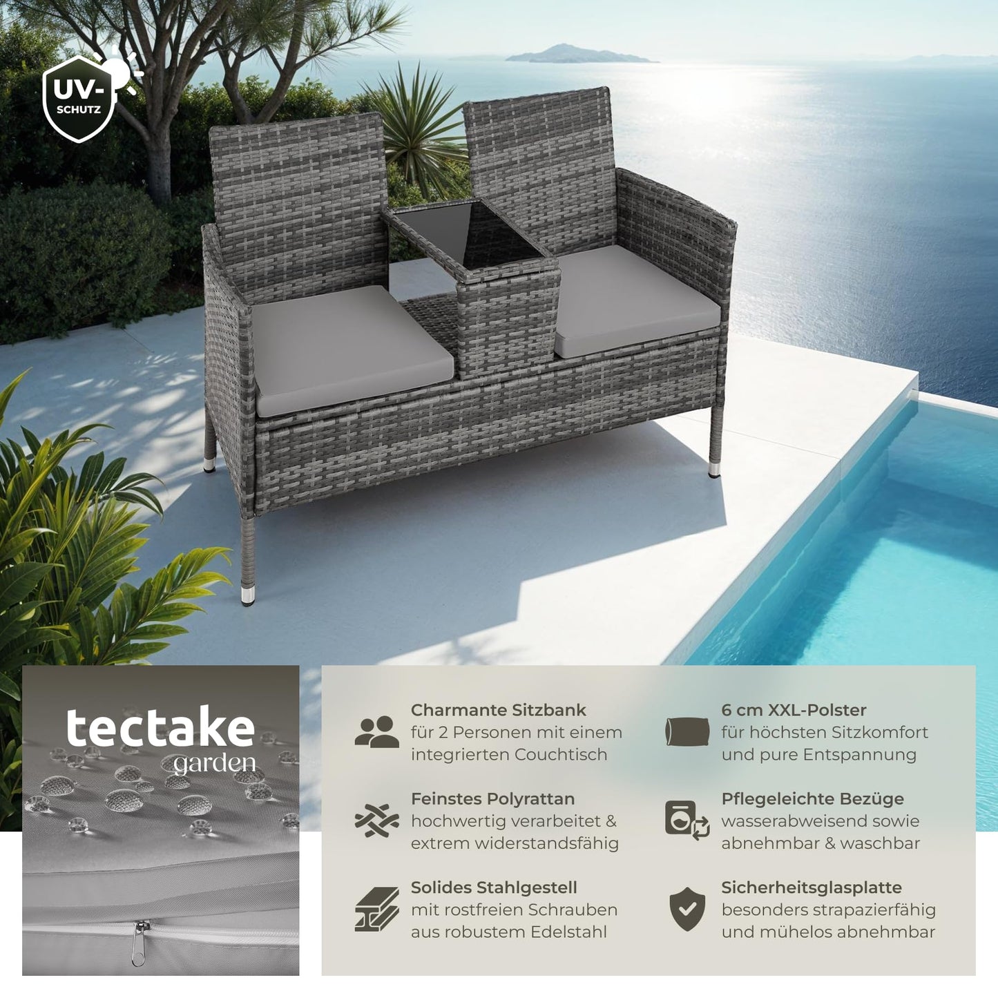tectake Lounge Sitzbank 2-Sitzer mit integriertem Tisch, Rattan, Grau