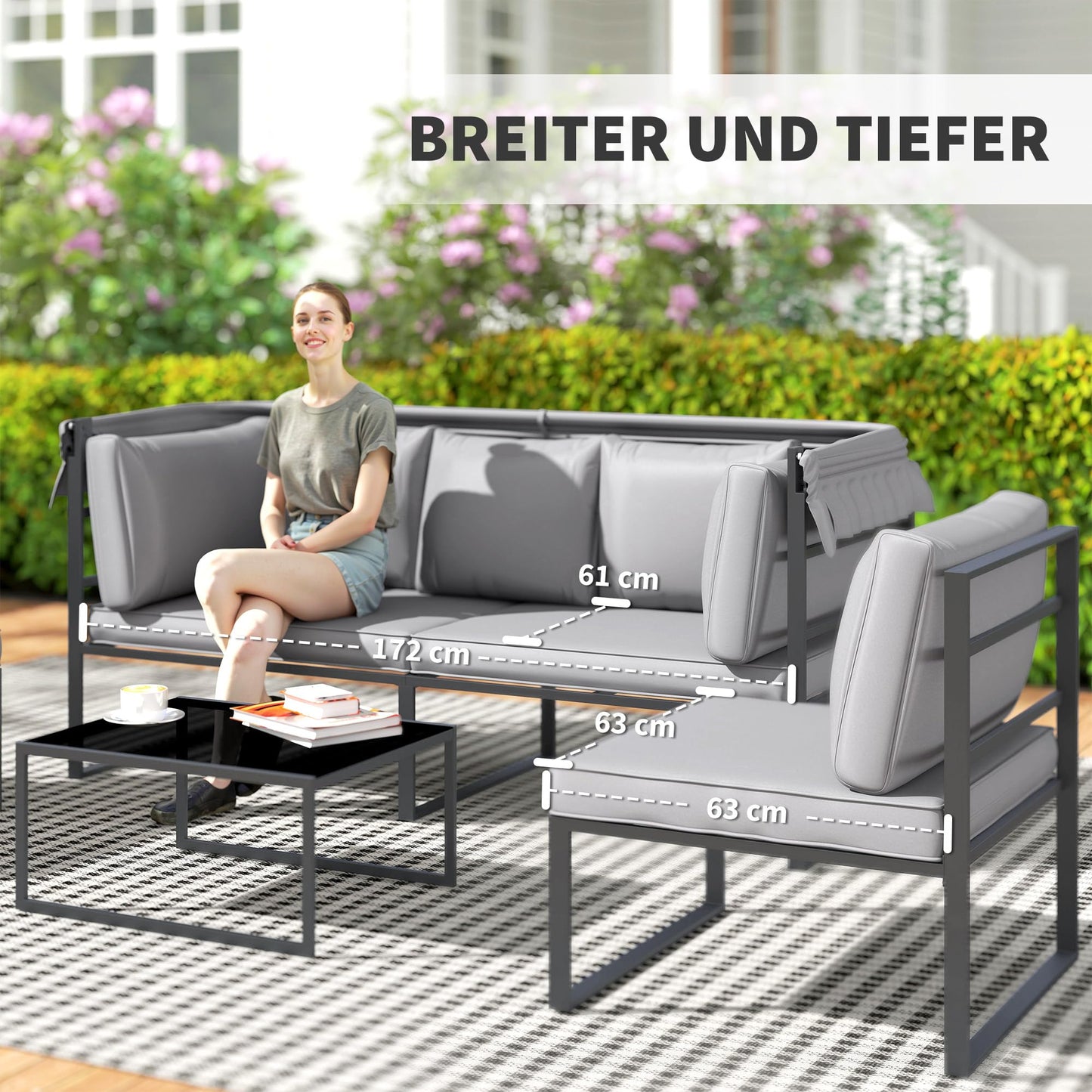 Outsunny Gartenlounge Set 5-tlg., wetterfest für Balkon & Terrasse, Grau