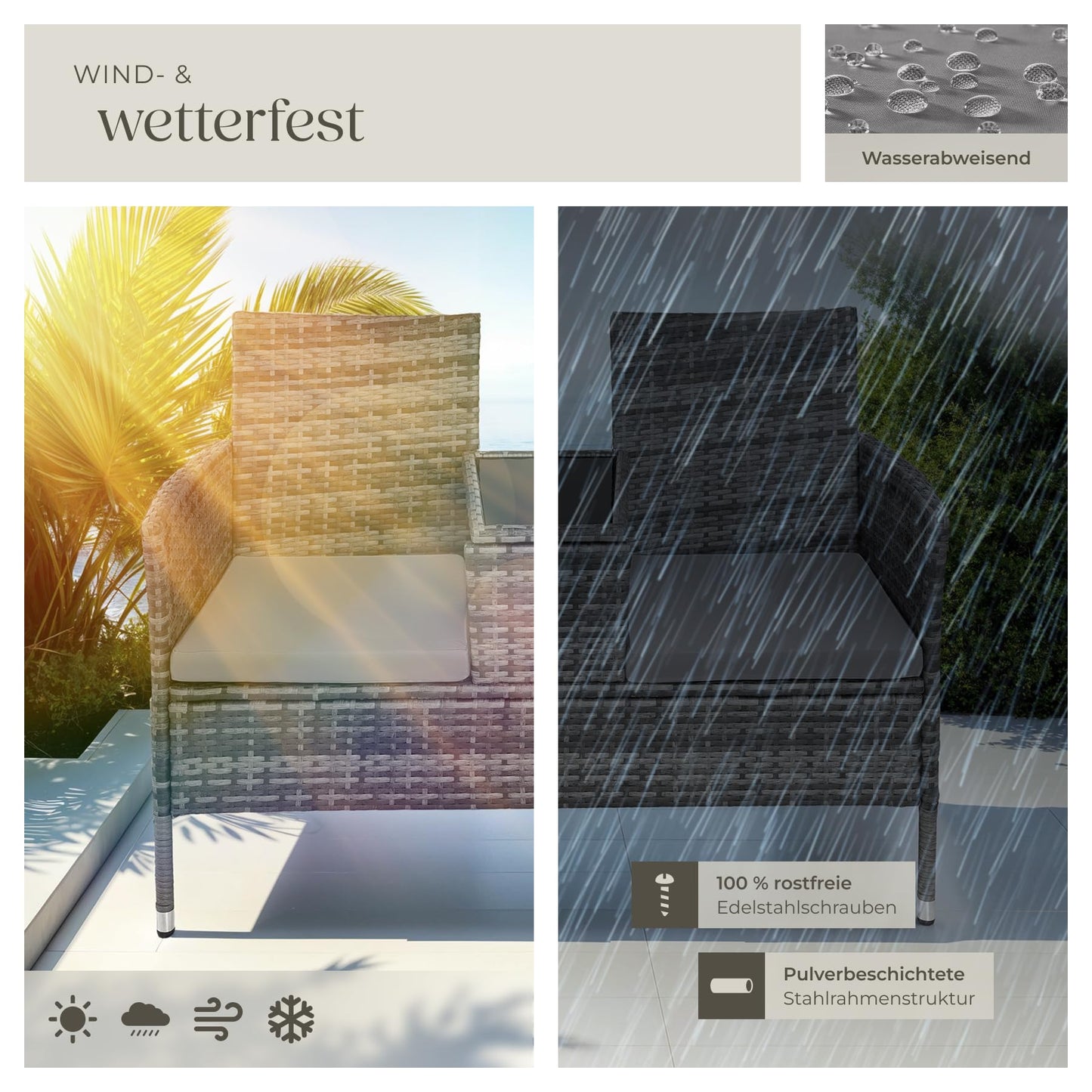 tectake Lounge Sitzbank 2-Sitzer mit integriertem Tisch, Rattan, Grau