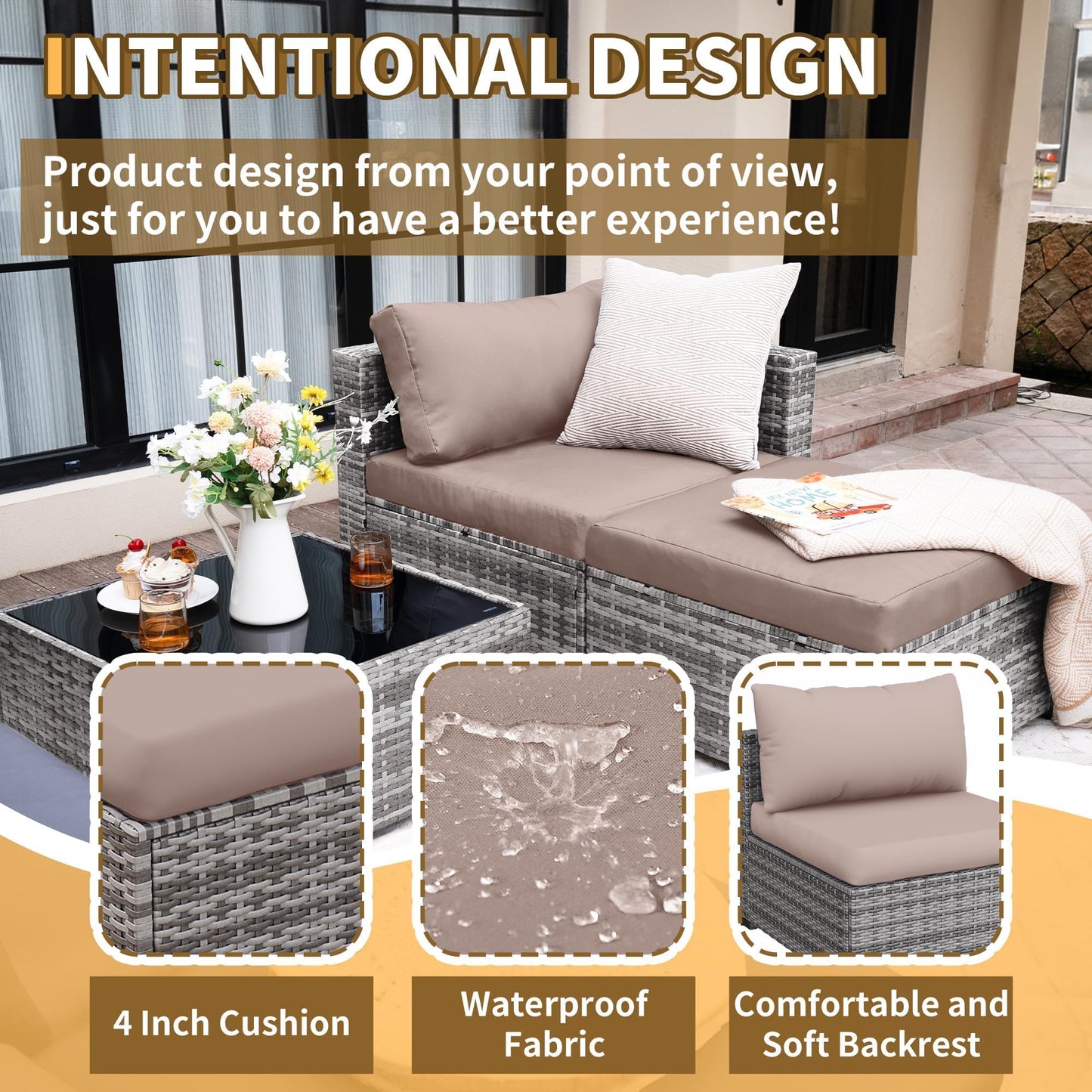 UDPATIO Gartenlounge 4 Pers., 3-Sitzer Sofa + Hocker + Beistelltisch, Khaki