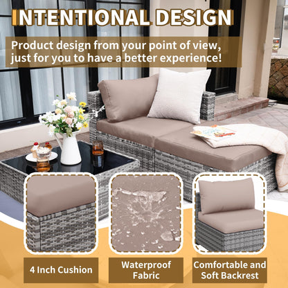 UDPATIO Gartenlounge 4 Pers., 3-Sitzer Sofa + Hocker + Beistelltisch, Khaki