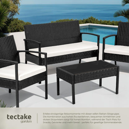tectake Rattan Gartenlounge 4-tlg., 2 Sessel, Bank & Tisch, Outdoor schwarz