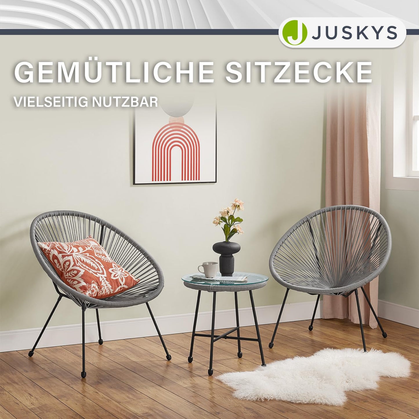 Juskys Ostana Balkonset 3-teilig – Tisch + 2 Sessel, Hellgrau