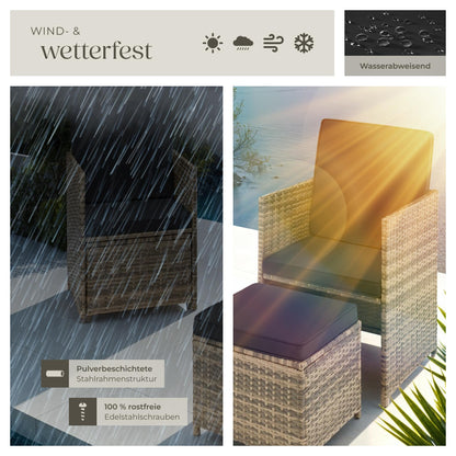 Polyrattan Gartenset tectake, 5-teilig, Lounge Sofa, Sessel, Hocker, Natur