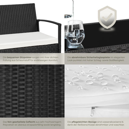 tectake Rattan Gartenlounge 4-tlg., 2 Sessel, Bank & Tisch, Outdoor schwarz