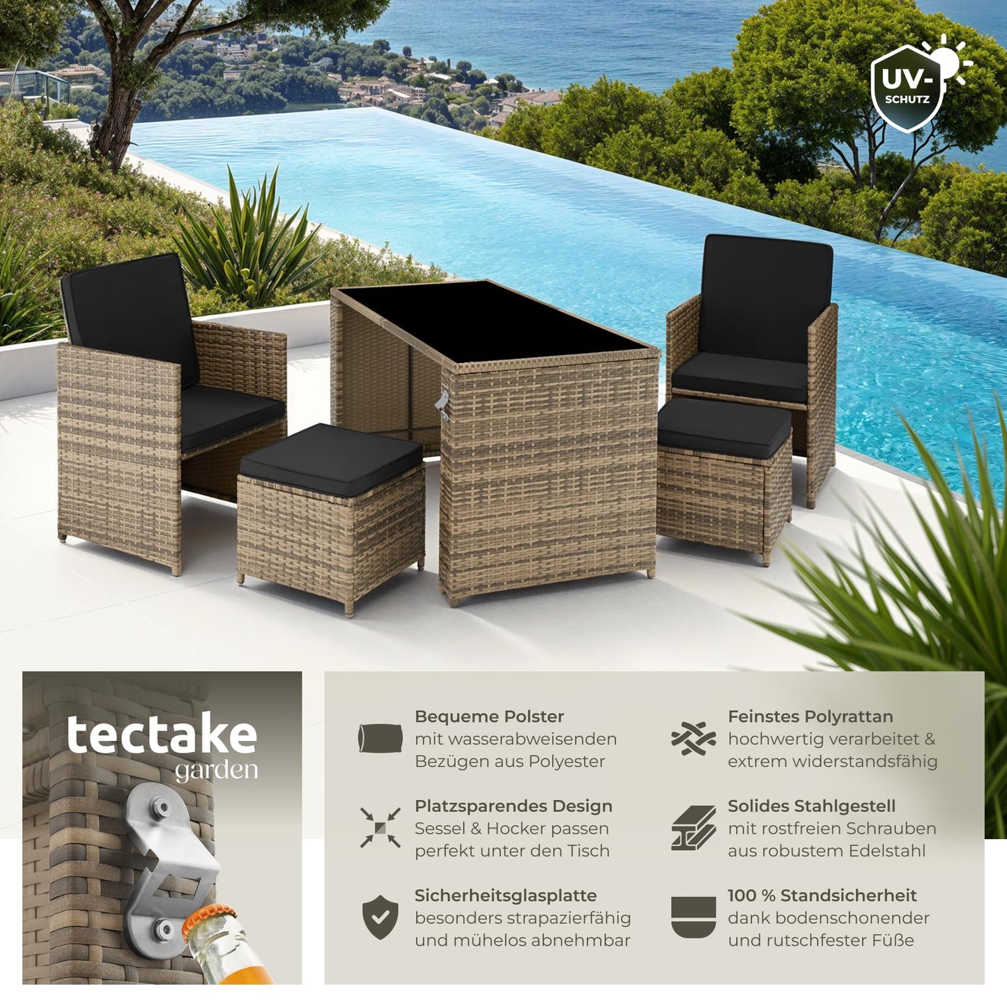Polyrattan Gartenset tectake, 5-teilig, Lounge Sofa, Sessel, Hocker, Natur