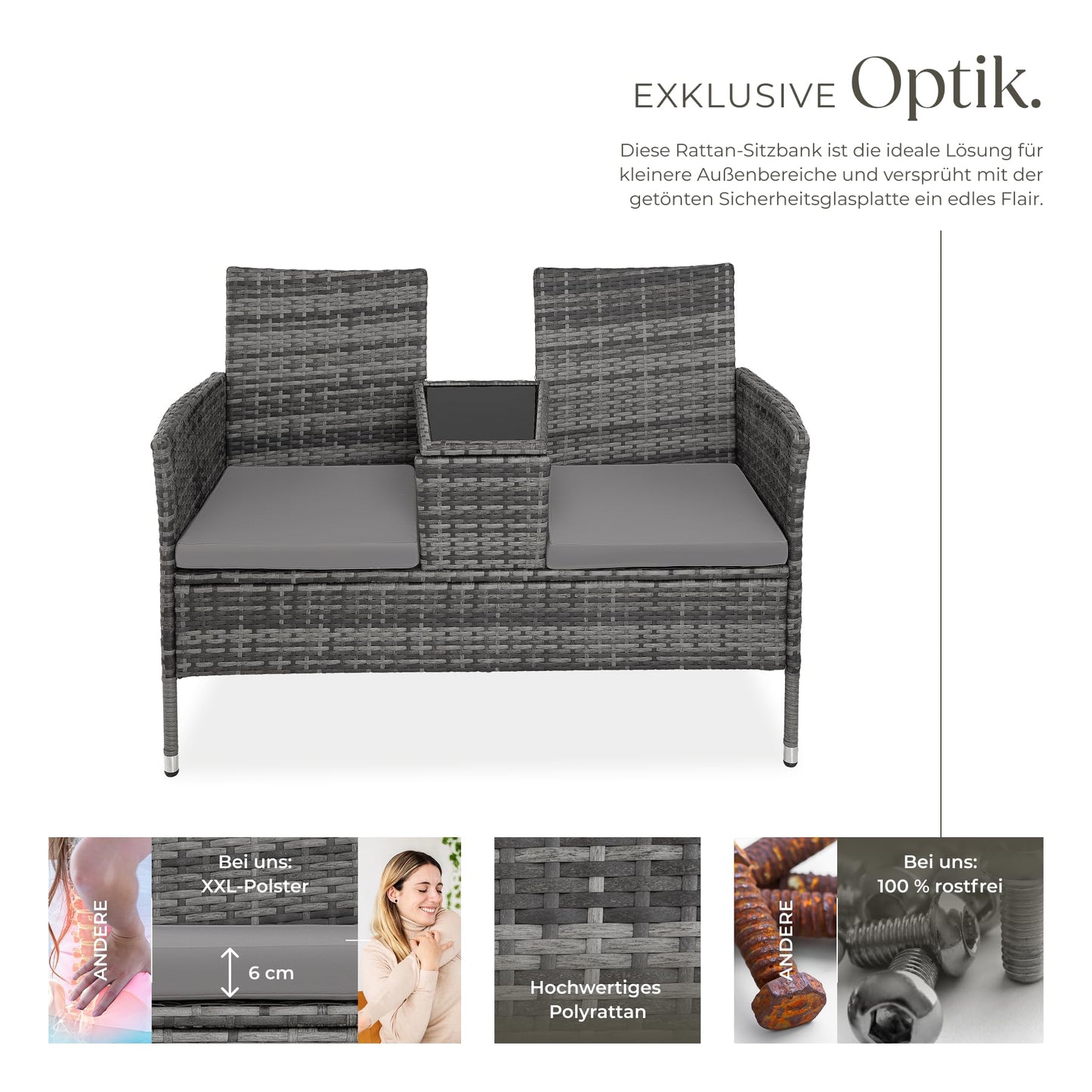 tectake Lounge Sitzbank 2-Sitzer mit integriertem Tisch, Rattan, Grau