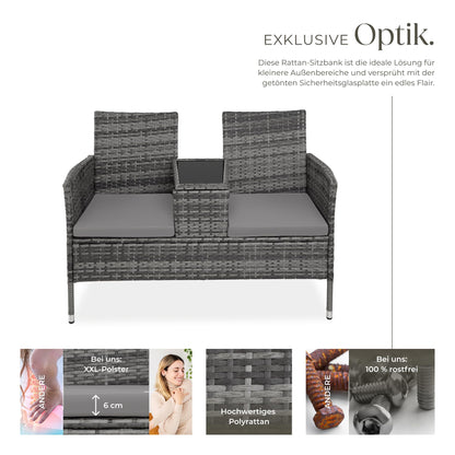 tectake Lounge Sitzbank 2-Sitzer mit integriertem Tisch, Rattan, Grau