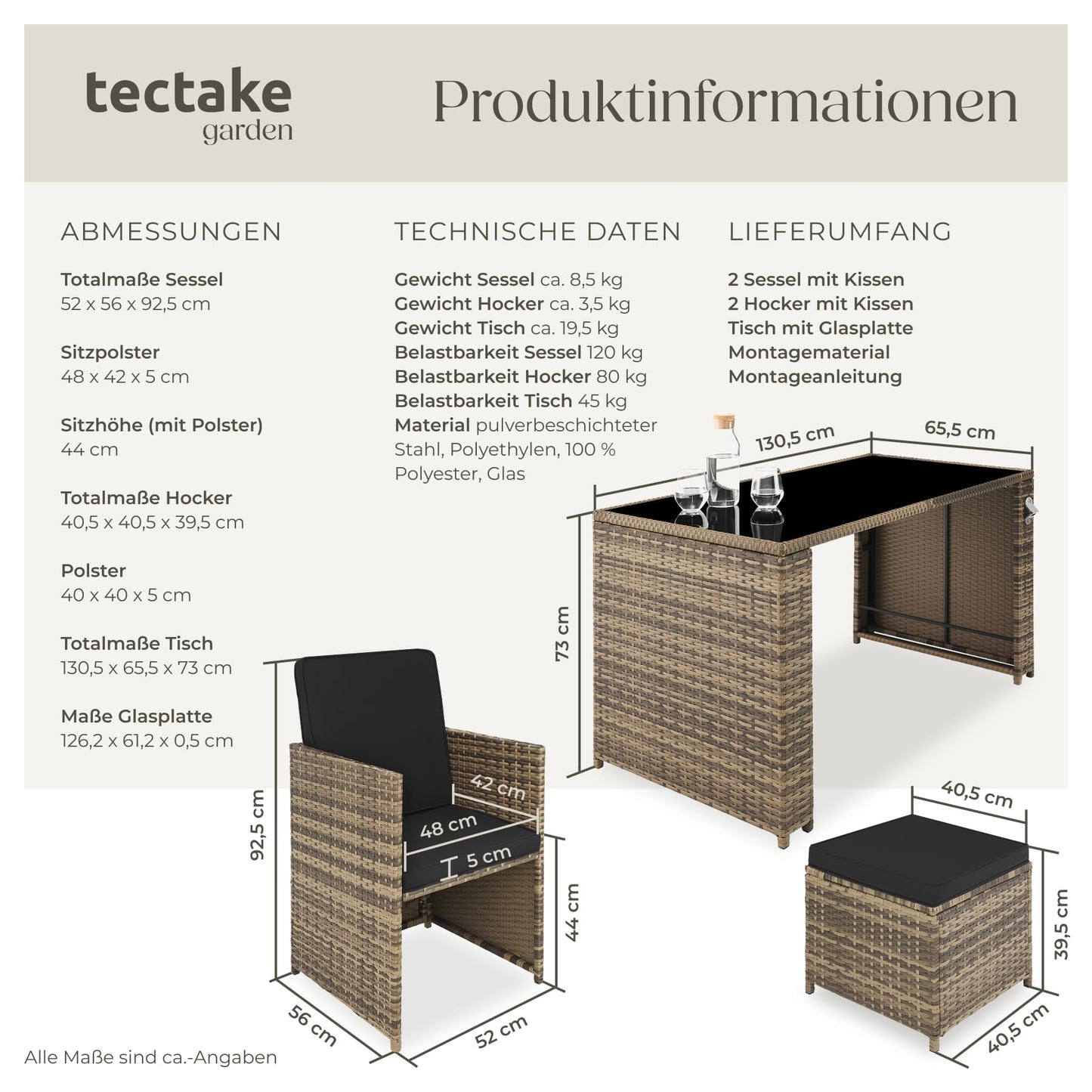Polyrattan Gartenset tectake, 5-teilig, Lounge Sofa, Sessel, Hocker, Natur