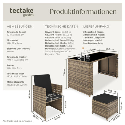 Polyrattan Gartenset tectake, 5-teilig, Lounge Sofa, Sessel, Hocker, Natur