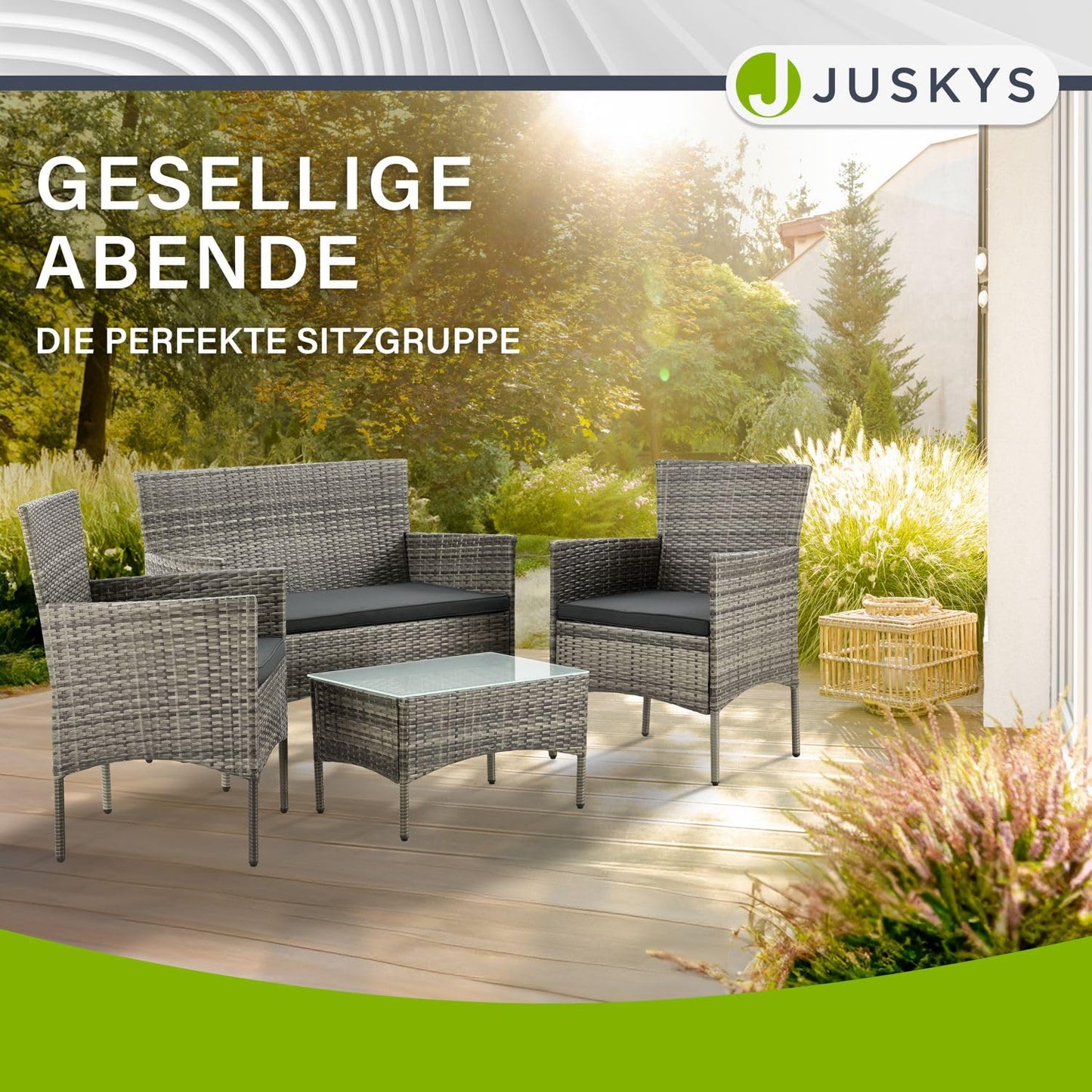 Juskys Fort Myers 4-Pers. Polyrattan Lounge-Set mit Tisch & Kissen, Grau