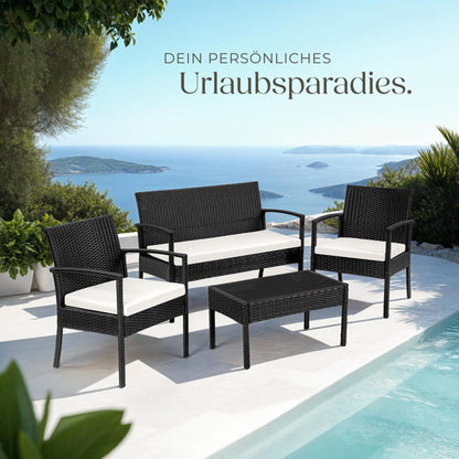 tectake Rattan Gartenlounge 4-tlg., 2 Sessel, Bank & Tisch, Outdoor schwarz