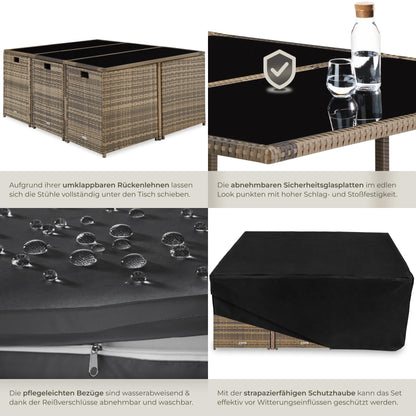tectake® Balkonmöbel Set, Poly-Rattan Lounge mit 6 Stühlen & 4 Hockern, Natur