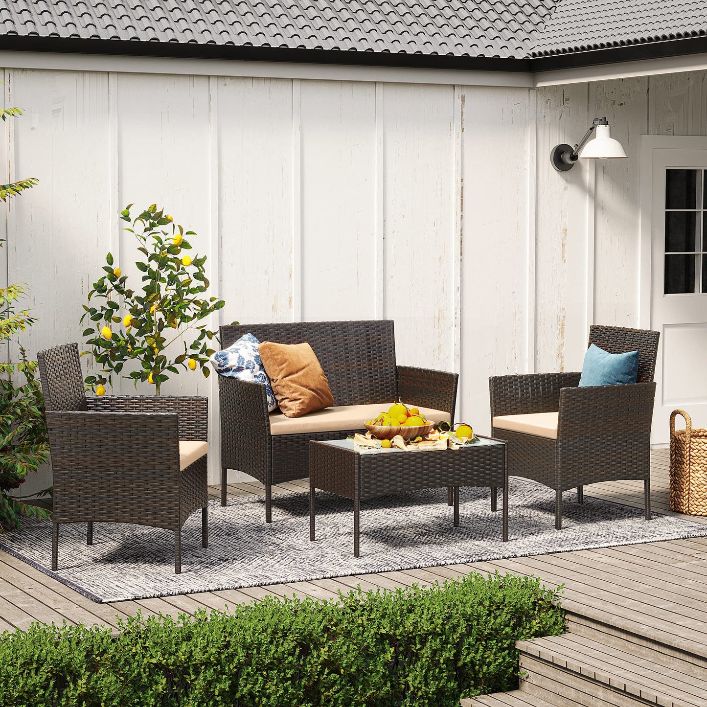 SONGMICS Gartenmöbel Set, Polyrattan Lounge, Terrasse & Balkon, Braun-Taupe
