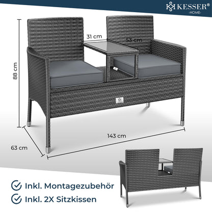 KESSER® Polyrattan Gartensofa 2-Sitzer mit Tisch, wetterfest, Anthrazit
