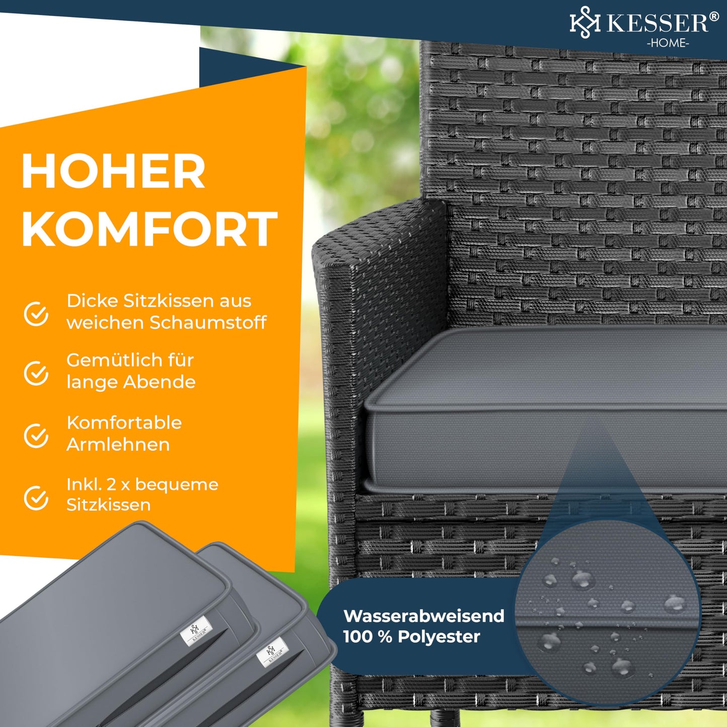 KESSER® Polyrattan Gartensofa 2-Sitzer mit Tisch, wetterfest, Anthrazit